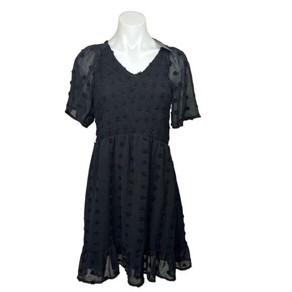 Zattcas NWT Black Sheer Flutter Ruffle Sleeve Polka Dot Smocked Mini Dress Sz M - Picture 1 of 9